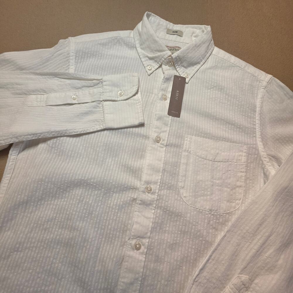 J.Crew Seersucker Slim Long-Sleeve White Button Shirt 100% Cotton Sz Small NWT